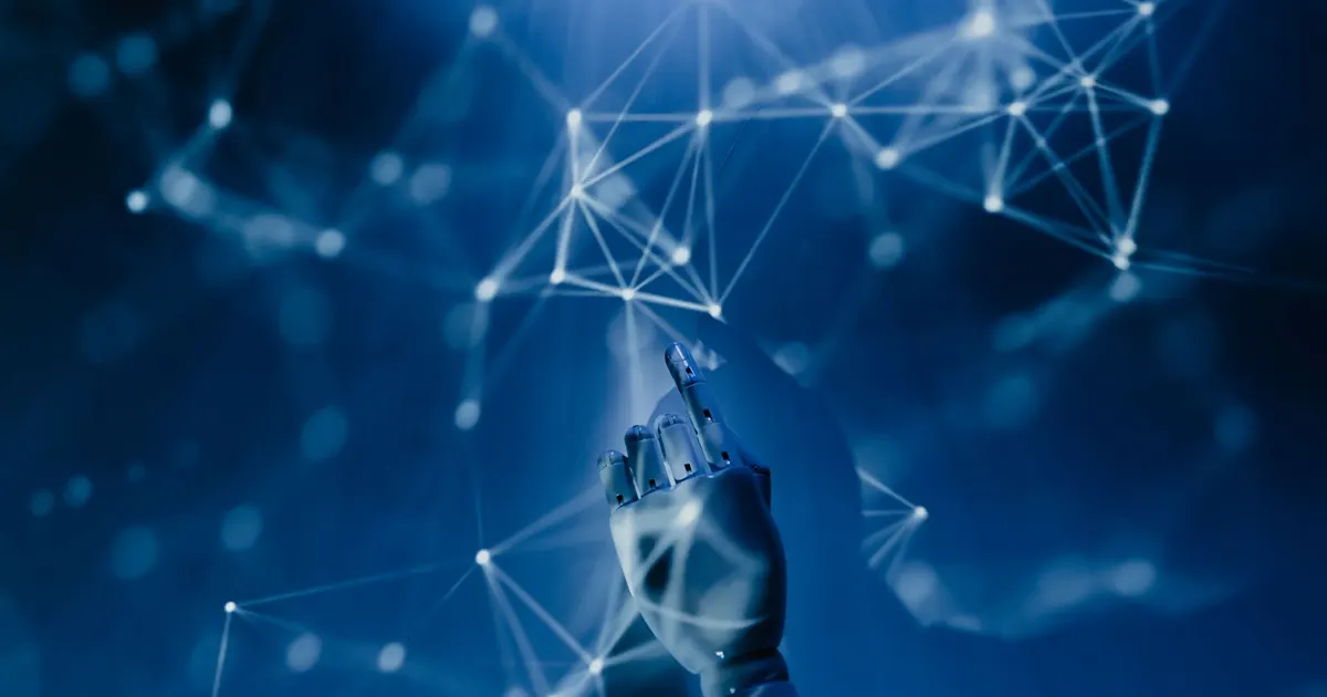 Robotic hand reaching toward a digital network, representing artificial intelligence