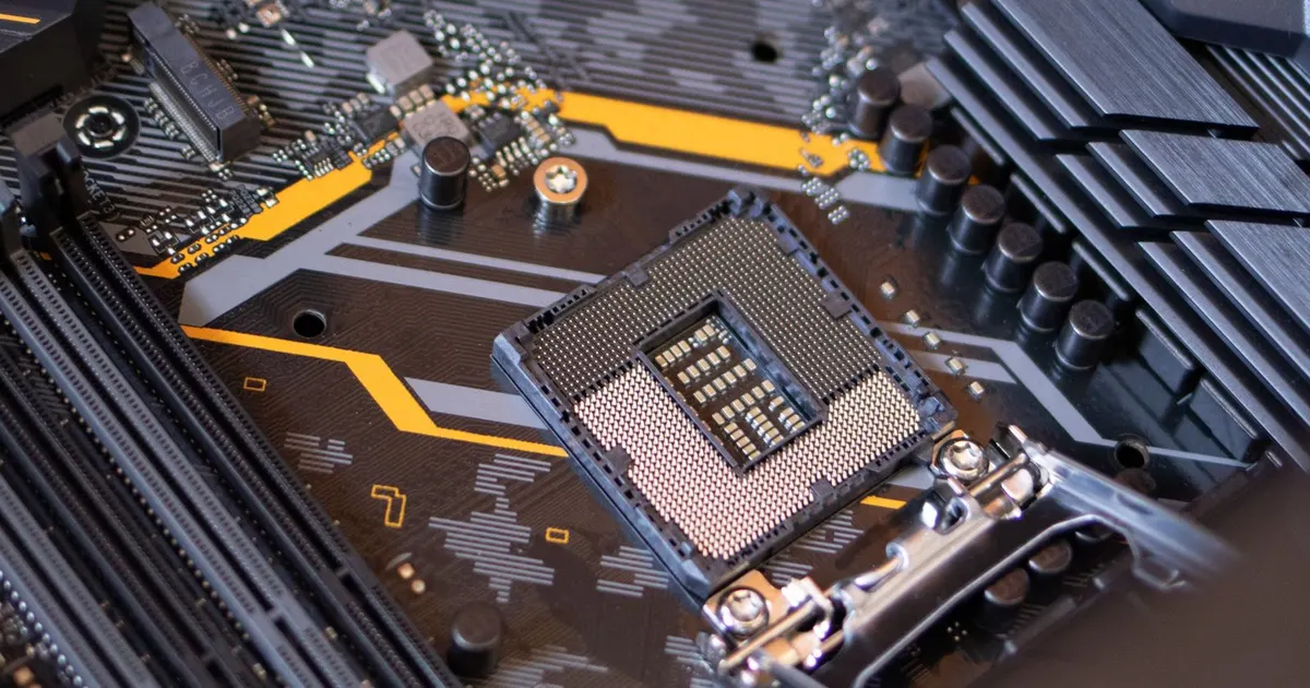 Close-up of a computer motherboard with electronic components